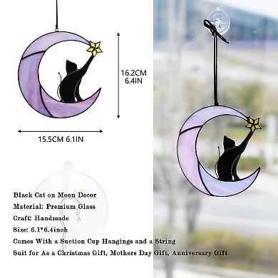 Black Cat on Moon Stained Glass Suncatcher 6.5" Window Hanging Wall Art Memorial Gift