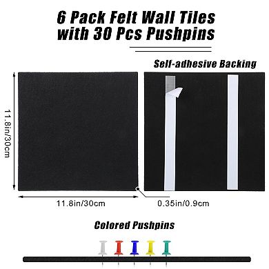Large Cork Board 36"X24" 6 Pack Felt Bulletin Board With 30 Pushpins Self-Adhesive Wall Tiles Office