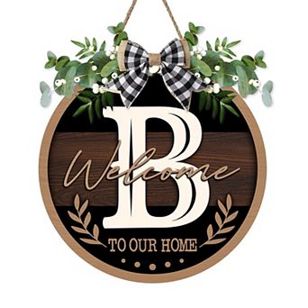 Monogram Letter Welcome Sign Rustic Wooden Door Hanger Farmhouse Wreath Decor With Bow