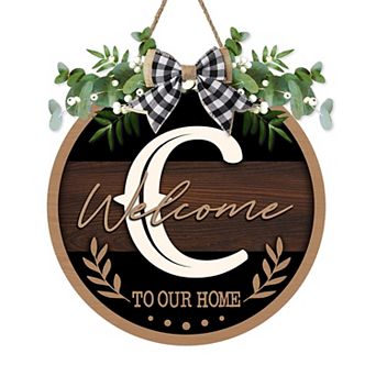Monogram Letter Welcome Sign Rustic Wooden Door Hanger Farmhouse Wreath Decor With Bow