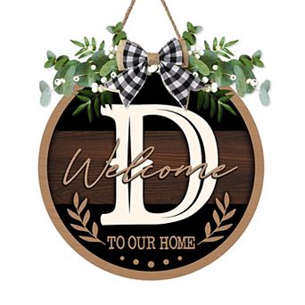 Monogram Letter Welcome Sign Rustic Wooden Door Hanger Farmhouse Wreath Decor With Bow