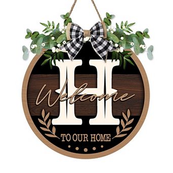 Monogram Letter Welcome Sign Rustic Wooden Door Hanger Farmhouse Wreath Decor With Bow