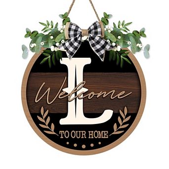Monogram Letter Welcome Sign Rustic Wooden Door Hanger Farmhouse Wreath Decor With Bow