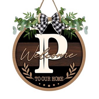 Monogram Letter Welcome Sign Rustic Wooden Door Hanger Farmhouse Wreath Decor With Bow