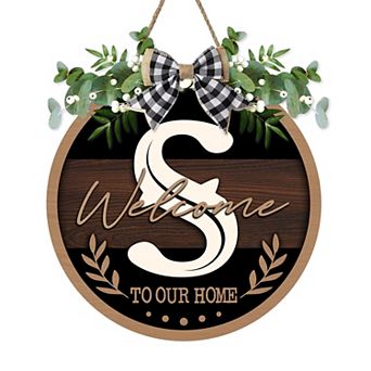 Monogram Letter Welcome Sign Rustic Wooden Door Hanger Farmhouse Wreath Decor With Bow