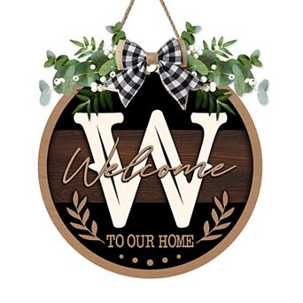 Monogram Letter Welcome Sign Rustic Wooden Door Hanger Farmhouse Wreath Decor With Bow