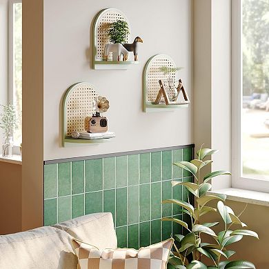 Rattan Wall Shelf Set of 3 7" Floating Shelves Wicker Decor Boho Small Plant Display Storage
