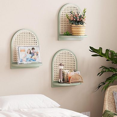 Rattan Wall Shelf Set of 3 7" Floating Shelves Wicker Decor Boho Small Plant Display Storage