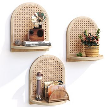 Rattan Wall Shelf Set of 3 7" Floating Shelves Wicker Decor Boho Small Plant Display Storage