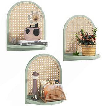 Rattan Wall Shelf Set of 3 7" Floating Shelves Wicker Decor Boho Small Plant Display Storage