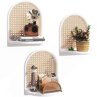 Rattan Wall Shelf Set of 3 7" Floating Shelves Wicker Decor Boho Small Plant Display Storage