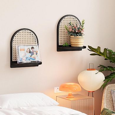 Rattan Wall Shelf 7" Set of 2 Wicker Boho Floating Shelf for Plant Display Mini Storage