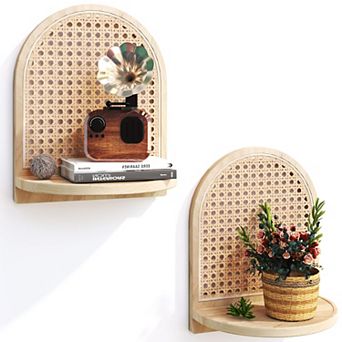 Rattan Wall Shelf 7" Set of 2 Wicker Boho Floating Shelf for Plant Display Mini Storage