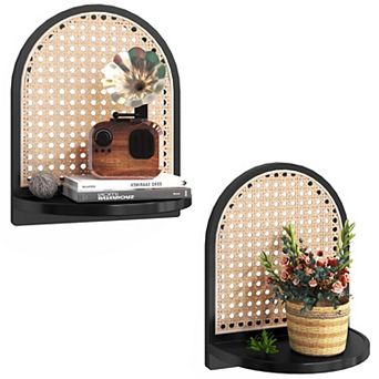 Rattan Wall Shelf 7" Set of 2 Wicker Boho Floating Shelf for Plant Display Mini Storage