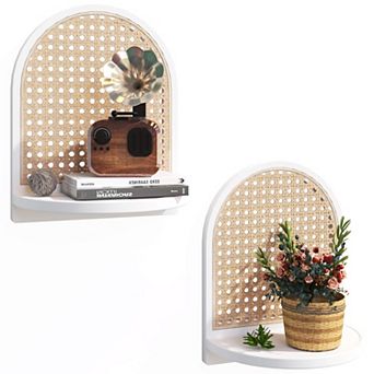 Rattan Wall Shelf 7" Set of 2 Wicker Boho Floating Shelf for Plant Display Mini Storage