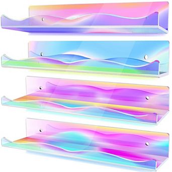 4 Packs Iridescent Floating Shelves 15.7 Inch Wall Mounted Clear Display Ledge for Books Pop Figures