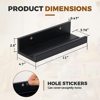 12" Floating Wall Ledge Shelves with Lip Set of 2 Wood Mounted Picture Display Storage for Office