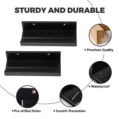 12" Floating Wall Ledge Shelves with Lip Set of 2 Wood Mounted Picture Display Storage for Office