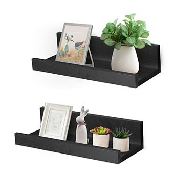 12" Floating Wall Ledge Shelves with Lip Set of 2 Wood Mounted Picture Display Storage for Office