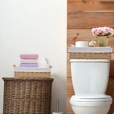 Round Paper Rope Wicker Storage Basket with Handle Set of 2 Decorative Organizer Bins for Bathroom