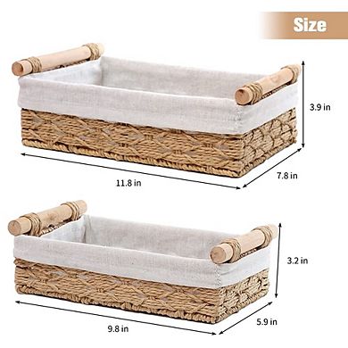 Round Paper Rope Wicker Storage Basket with Handle Set of 2 Decorative Organizer Bins for Bathroom