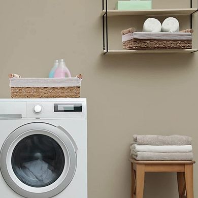 Round Paper Rope Wicker Storage Basket with Handle Set of 2 Decorative Organizer Bins for Bathroom