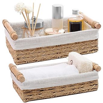 Round Paper Rope Wicker Storage Basket with Handle Set of 2 Decorative Organizer Bins for Bathroom