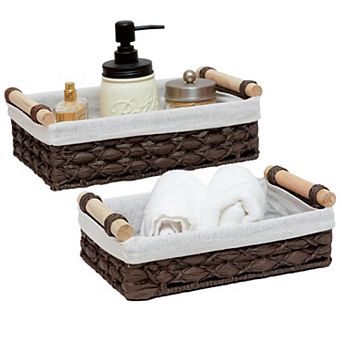 Round Paper Rope Wicker Storage Basket with Handle Set of 2 Decorative Organizer Bins for Bathroom