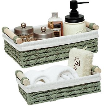 Round Paper Rope Wicker Storage Basket with Handle Set of 2 Decorative Organizer Bins for Bathroom