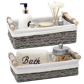 Round Paper Rope Wicker Storage Basket with Handle Set of 2 Decorative Organizer Bins for Bathroom