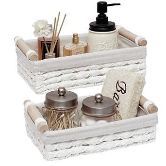 Round Paper Rope Wicker Storage Basket with Handle Set of 2 Decorative Organizer Bins for Bathroom