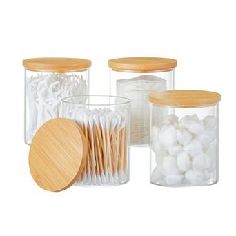 4 Pack Glass Qtip Holder Dispenser Jars With Bamboo Lids Cotton Ball Swab Pad Bathroom Canisters