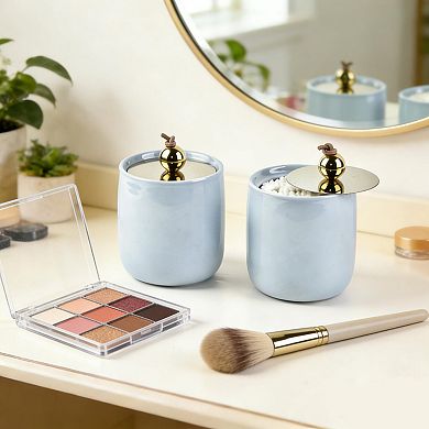 2 Pack Ceramic Qtip Holder Dispenser With Lids Bathroom Vanity Organizer Canister Cotton Swabs