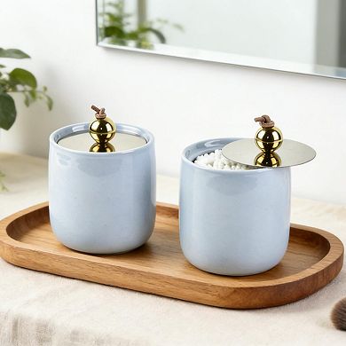 2 Pack Ceramic Qtip Holder Dispenser With Lids Bathroom Vanity Organizer Canister Cotton Swabs