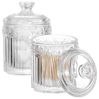 2 Pack Glass Qtip Holder Jars with Lids Bathroom Vanity Organizer Storage Canister for Cotton Swabs