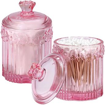 2 Pack Glass Qtip Holder Jars with Lids Bathroom Vanity Organizer Storage Canister for Cotton Swabs