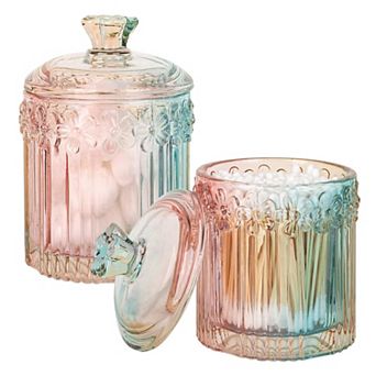 2 Pack Glass Qtip Holder Jars with Lids Bathroom Vanity Organizer Storage Canister for Cotton Swabs