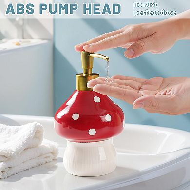17oz Mushroom Ceramic Soap Dispenser Hand-Painted Red Bathroom Kitchen Lotion Pump