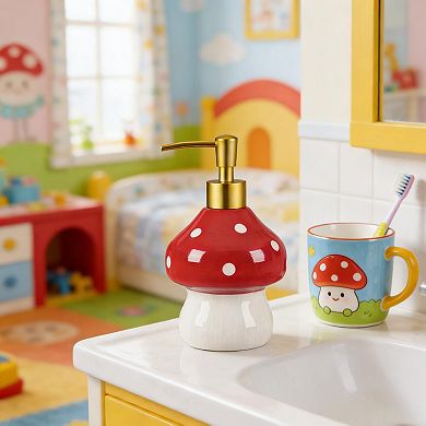 17oz Mushroom Ceramic Soap Dispenser Hand-Painted Red Bathroom Kitchen Lotion Pump