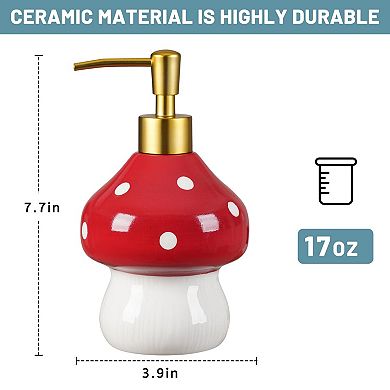 17oz Mushroom Ceramic Soap Dispenser Hand-Painted Red Bathroom Kitchen Lotion Pump