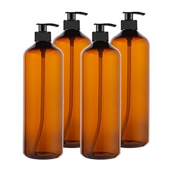 4 Pack 32 Oz Empty Amber PET Pump Bottles with Labels Funnel Pen for Shampoo Lotion Gel
