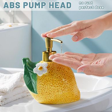17oz Lemon Ceramic Soap Dispenser Hand-Painted Refillable Lotion Pump Bottle for Bathroom Kitchen