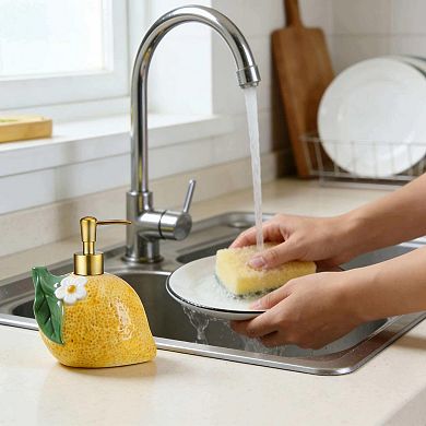 17oz Lemon Ceramic Soap Dispenser Hand-Painted Refillable Lotion Pump Bottle for Bathroom Kitchen