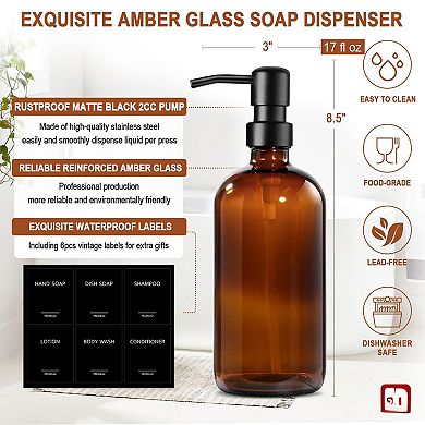 Glass Soap Dispenser 2 Pack Bottles with Stainless Steel Pump 17 Oz Kitchen Bathroom Hand Dish