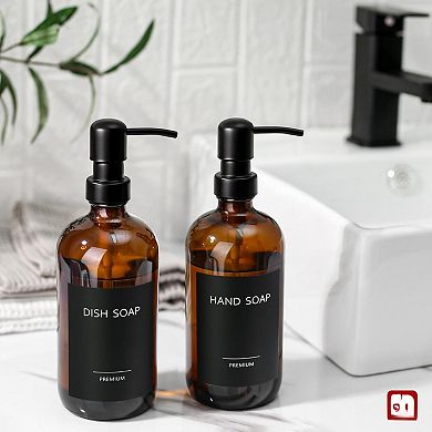 Glass Soap Dispenser 2 Pack Bottles with Stainless Steel Pump 17 Oz Kitchen Bathroom Hand Dish
