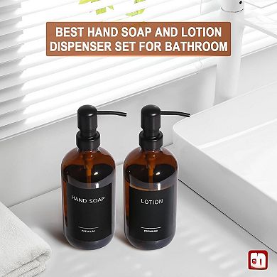 Glass Soap Dispenser 2 Pack Bottles with Stainless Steel Pump 17 Oz Kitchen Bathroom Hand Dish