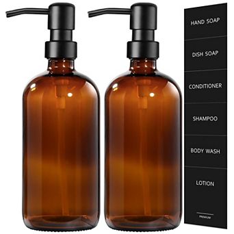 Glass Soap Dispenser 2 Pack Bottles with Stainless Steel Pump 17 Oz Kitchen Bathroom Hand Dish