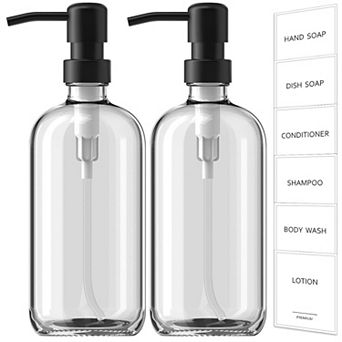 Glass Soap Dispenser 2 Pack Bottles with Stainless Steel Pump 17 Oz Kitchen Bathroom Hand Dish