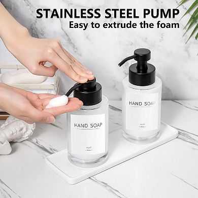 Foaming Soap Dispenser 12 Oz Glass 2 Pack 304 Stainless Steel Pump Waterproof Labels Bathroom