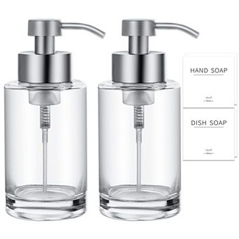 Foaming Soap Dispenser 12 Oz Glass 2 Pack 304 Stainless Steel Pump Waterproof Labels Bathroom